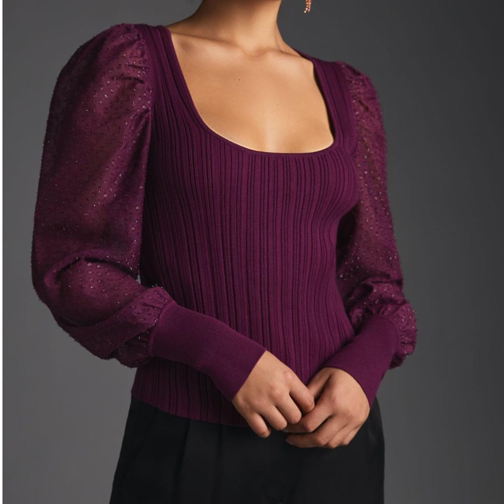 By Anthropologie Puff-Sleeve Shimmer Sweater Top - Plum Purple - XXS 2XS 00